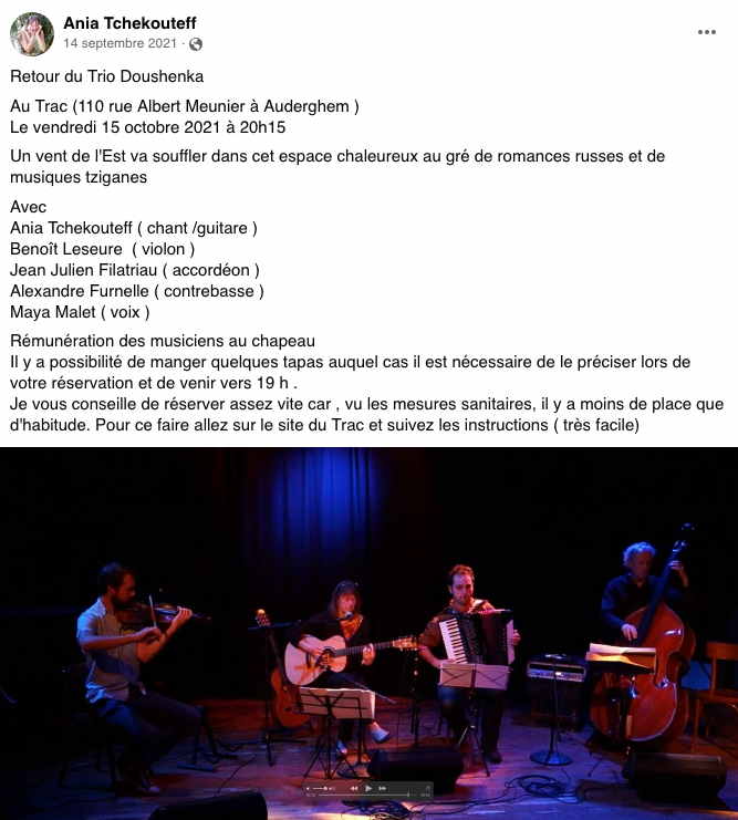 Annonce Facebook. Le retour du Trio Doushenka au Trac, avec Ania Tchekouteff. 2022-09-24